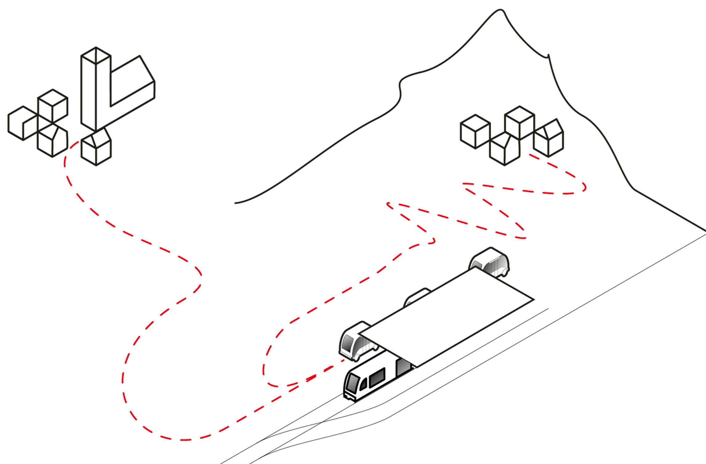 Strichgrafik, die das Szenario "Use-Case 3: Erschließung abgelegener Streusiedlungen mit dem öffentlichen Verkehr" illustriert