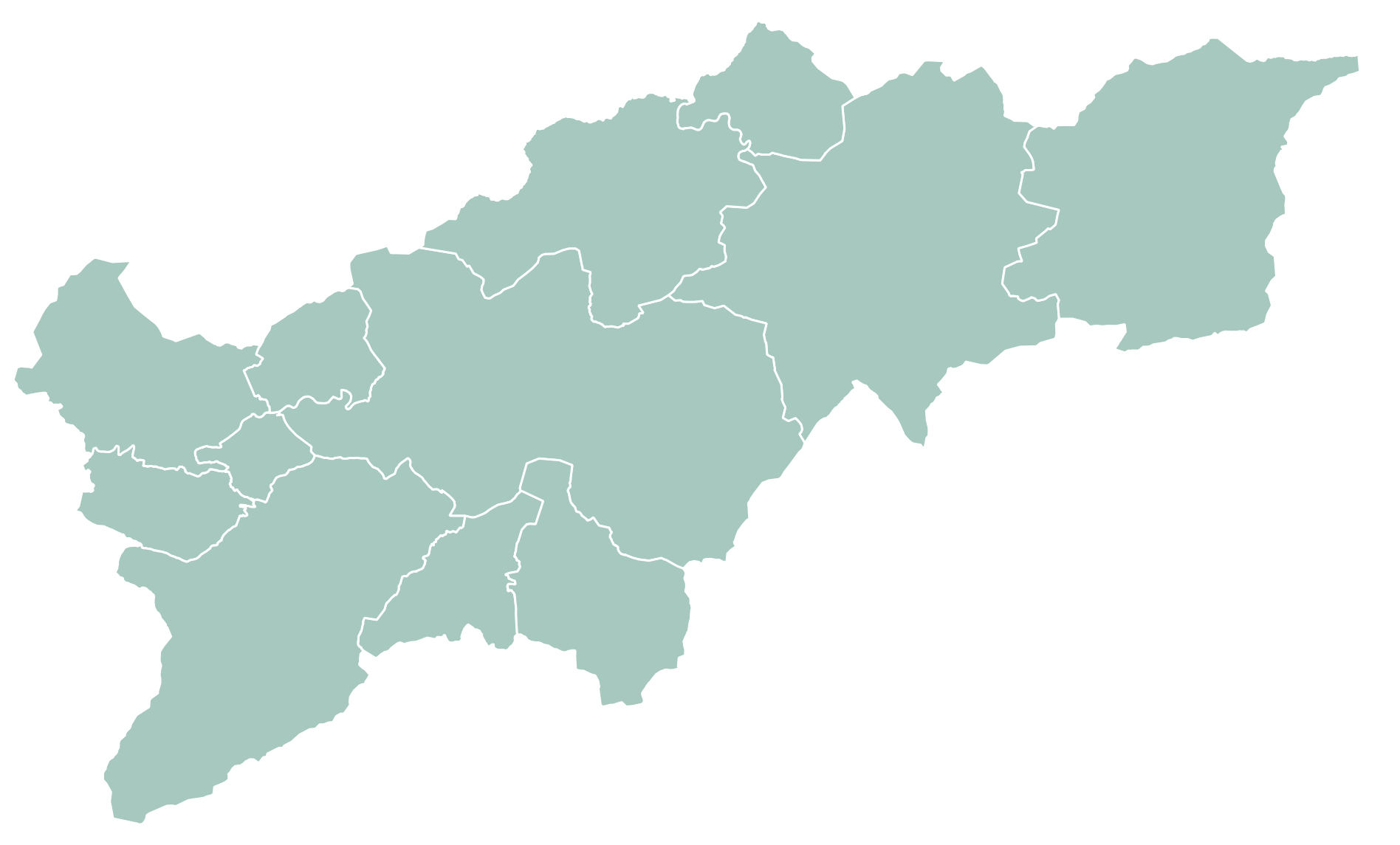 Karte der Follower-Region Gesäuse (grün mit weißen Trennstrichen an den Gemeindegrenzen)