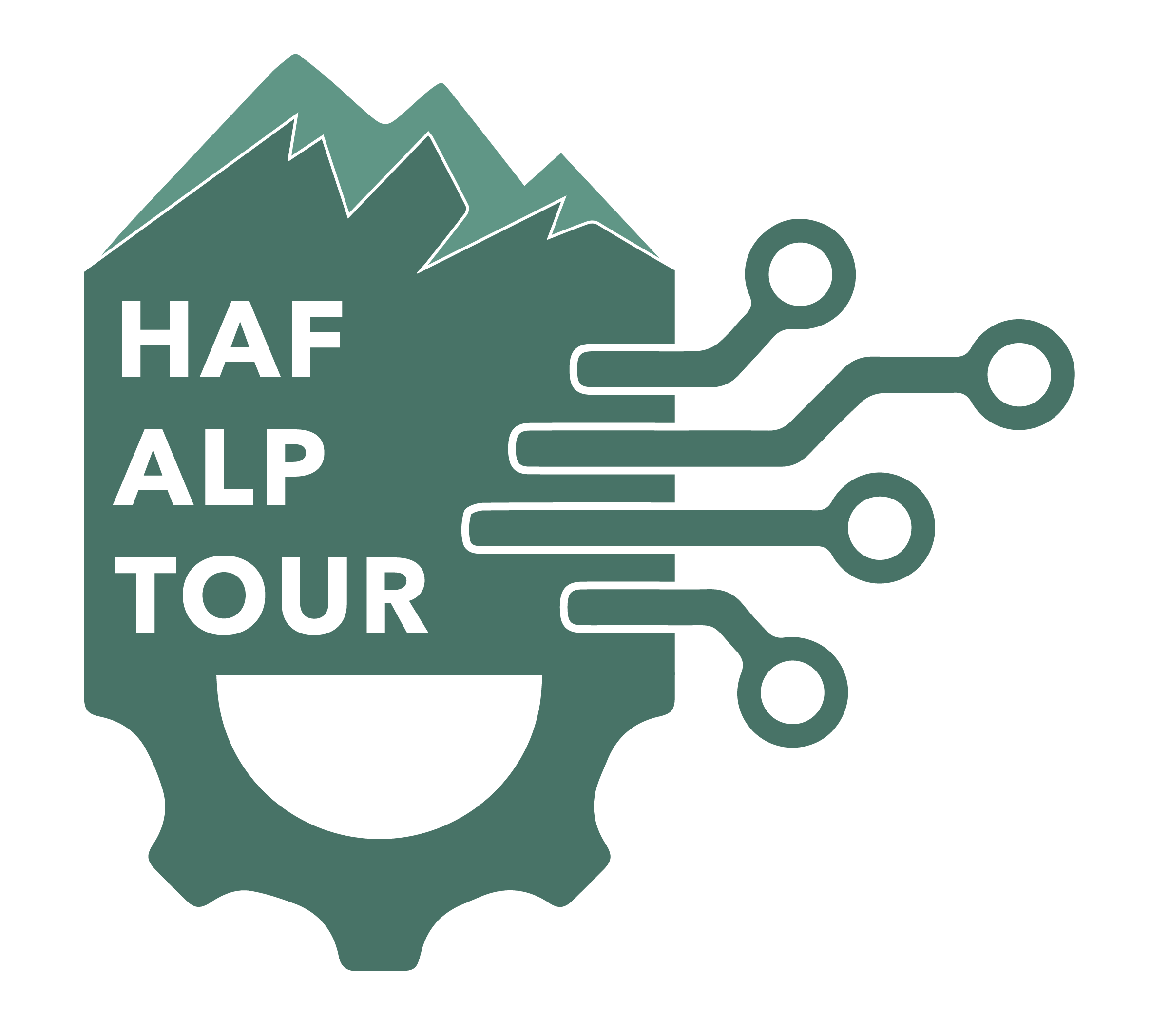Logo des Projektes "HAF-ALP-TOUR" - Im Hintergrund sieht man Berge/Gebirgszüge in grün auf dunkelgrau, diese werden unten zu einem Zahnrad. Darüber Schriftzug "HAF-ALP-TOUR". Nach rechts führen vier Leitungen mit Ringen weg (symbolisieren Mobilität).