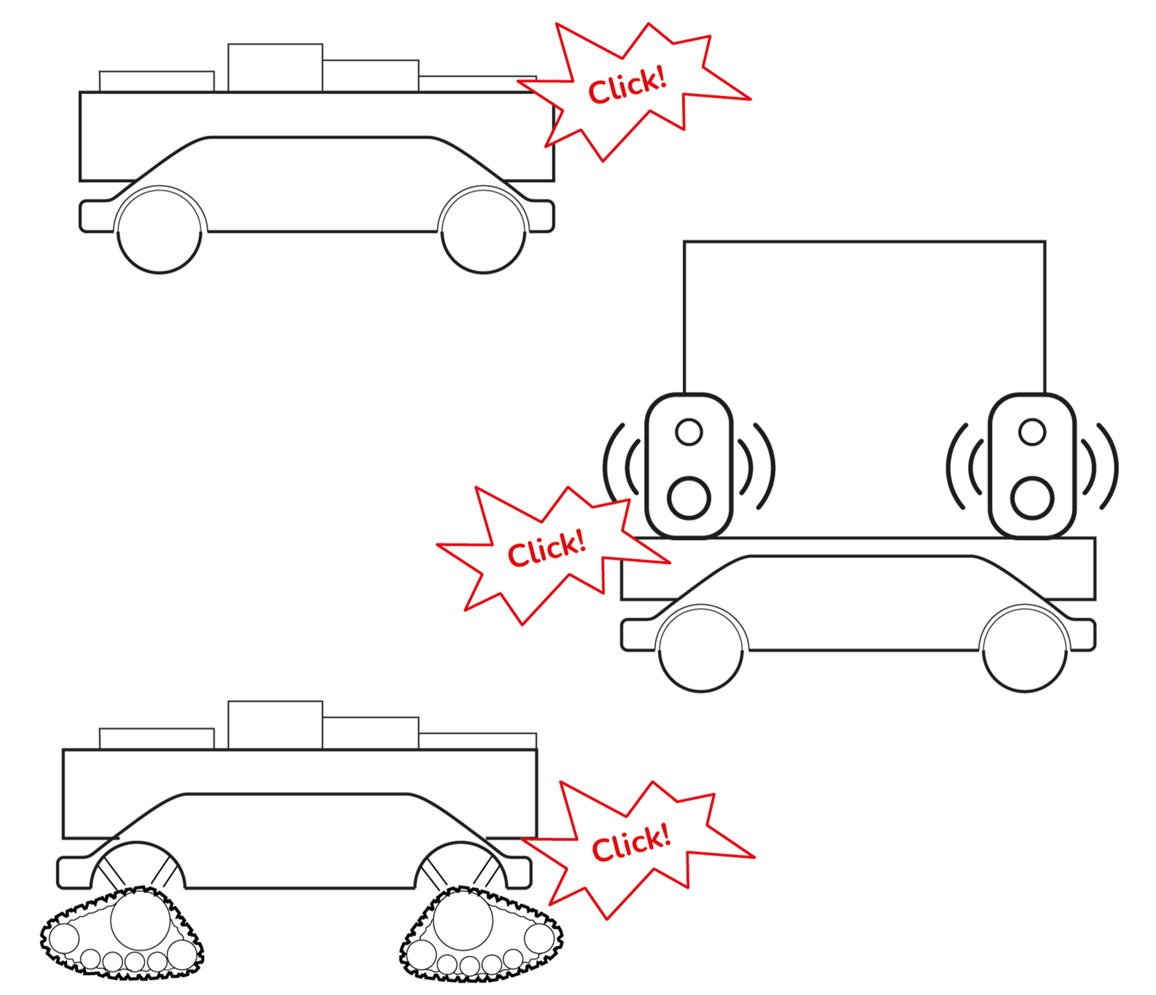 Strichgrafik, die unterschiedliche Kabinen- und Palettentypen repräsentiert: Warentransportkabine, Eventkabine, Off-Road-taugliche Palette