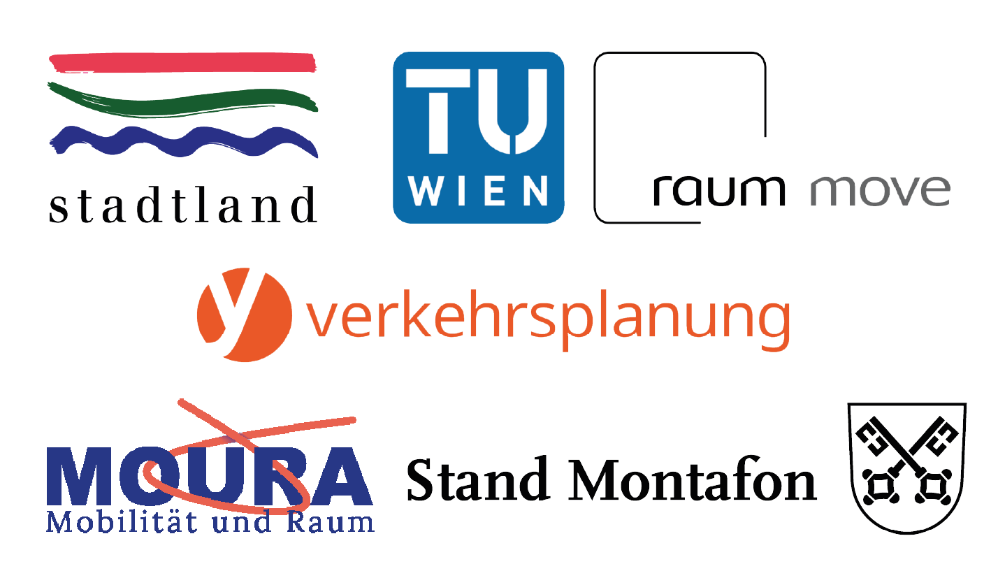 Logos Projektpartner:innen: stadtland (bunte Linien, darunter Firmenname), TU Wien Raum MOVE (blaues TU-Signet, daneben offenes, abgerundetes Quadrat mit Schriftzug), yverkehrsplanung (mit orangenem y-Signet), MOURA (blau), Stand Montafon mit Wappen