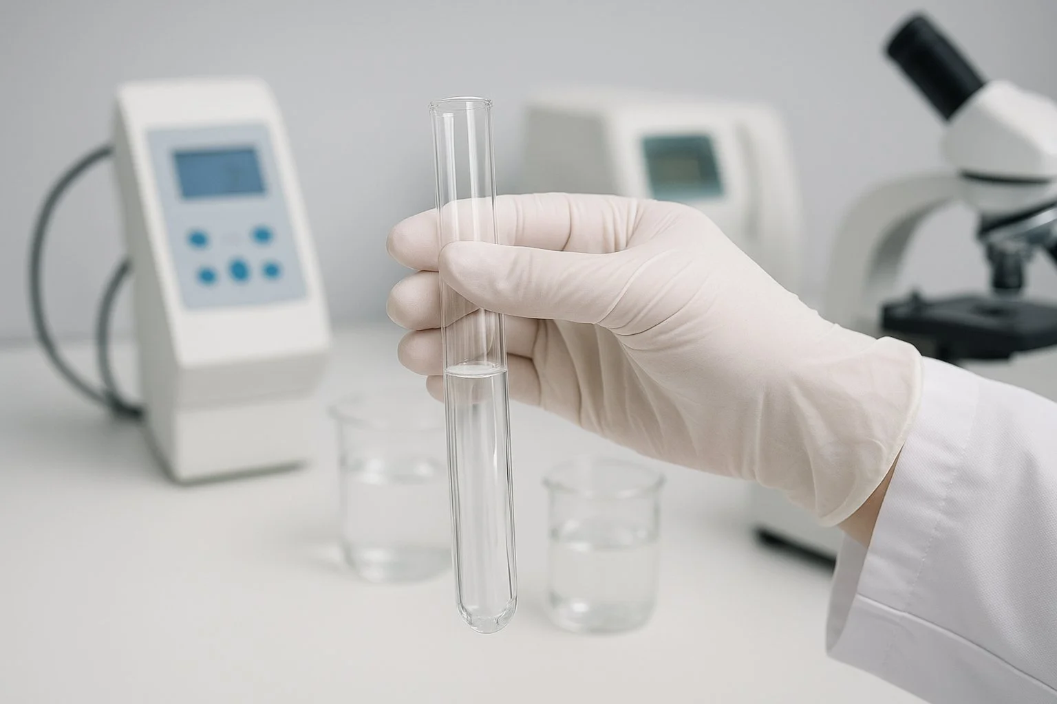 A gloved hand holding a test tube with a small amount of clear liquid in a laboratory setting, with laboratory equipment and microscopes in the background.