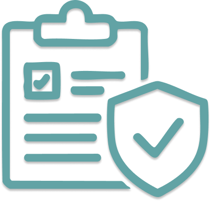 Icon of a clipboard with a checkmark in a shield, representing approval or security.