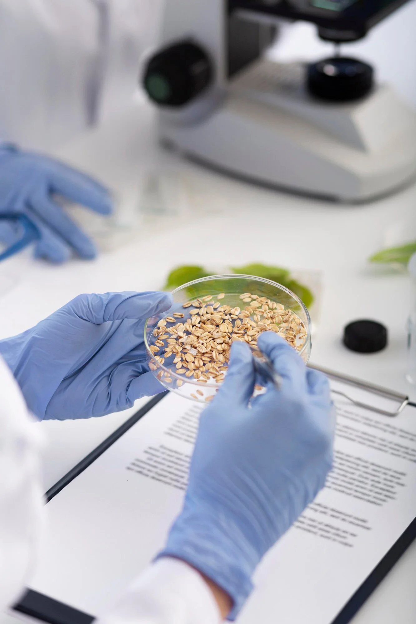 A scientist wearing blue gloves examining seeds in a petri dish in a laboratory with a microscope in the background.