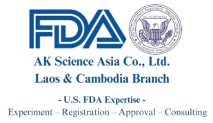 FDA logo with text for AK Science Asia Co., Ltd. Laos & Cambodia Branch, U.S. FDA Registered, Inspection, Registration, Approval, Consulting