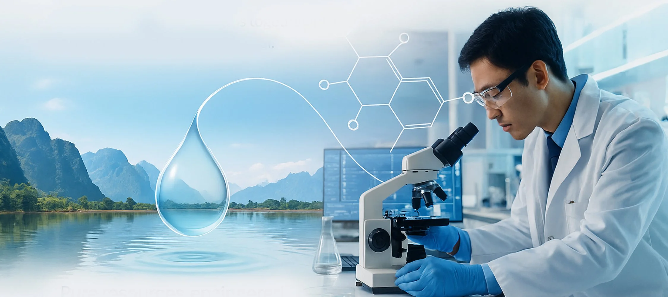 A scientist in a white lab coat and blue gloves working with a microscope in a laboratory. A large water droplet graphic and a chemical structure diagram overlay the scene, with a natural landscape of mountains and water in the background.