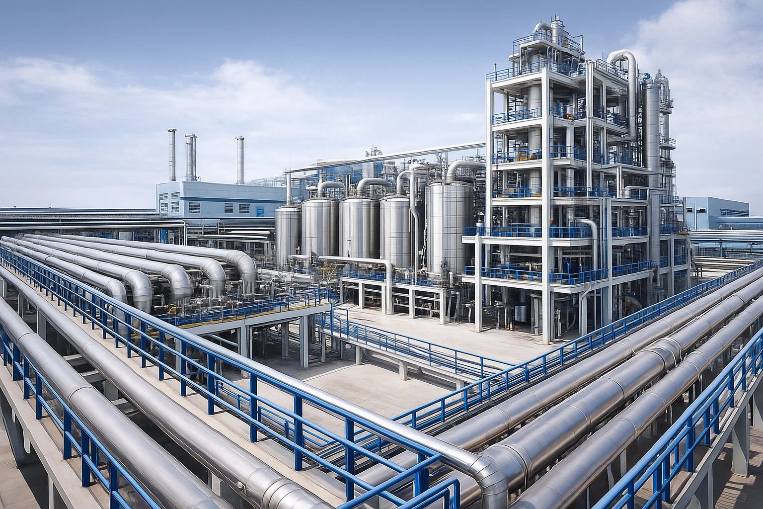 Large industrial facility with stainless steel tanks, multiple pipes, and blue railings, under a partly cloudy sky.
