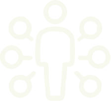 Icon of a person at the center surrounded by six circles connected by lines, representing a network or connections.