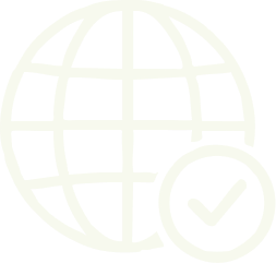 Icon of a globe with a checkmark in a circle.