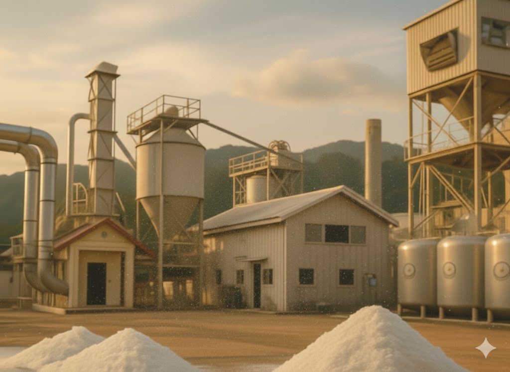 Industrial factory with silos and storage tanks at sunset, with snow piles in the foreground and mountains in the background.