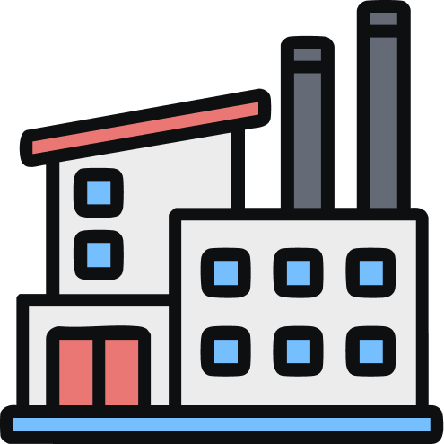 Illustration of a factory with buildings and smokestacks.