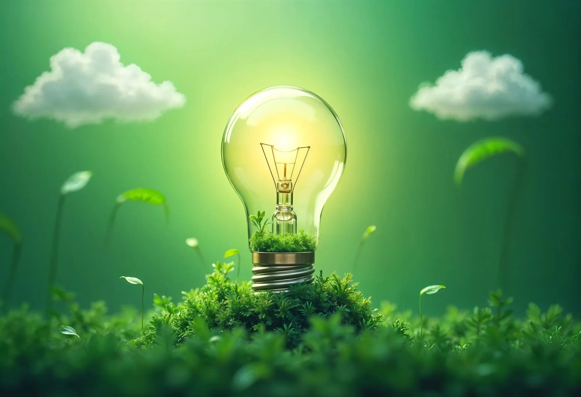 A glowing light bulb sitting on green moss with small plants inside, surrounded by a lush green landscape, with clouds and a blue sky in the background.