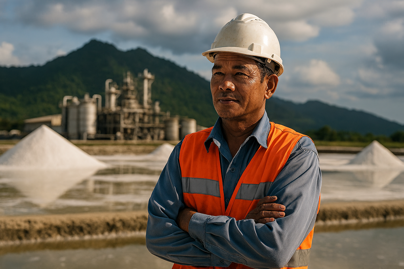 A male worker wearing a white safety helmet and orange safety vest stands with folded arms in front of a salt evaporation pond, with industrial buildings and mountains in the background.