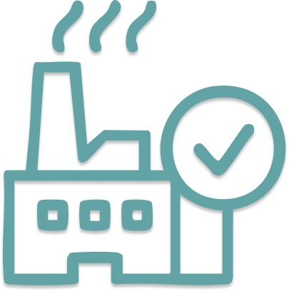 Outline of a factory with smoke rising, accompanied by a checkmark in a circle.