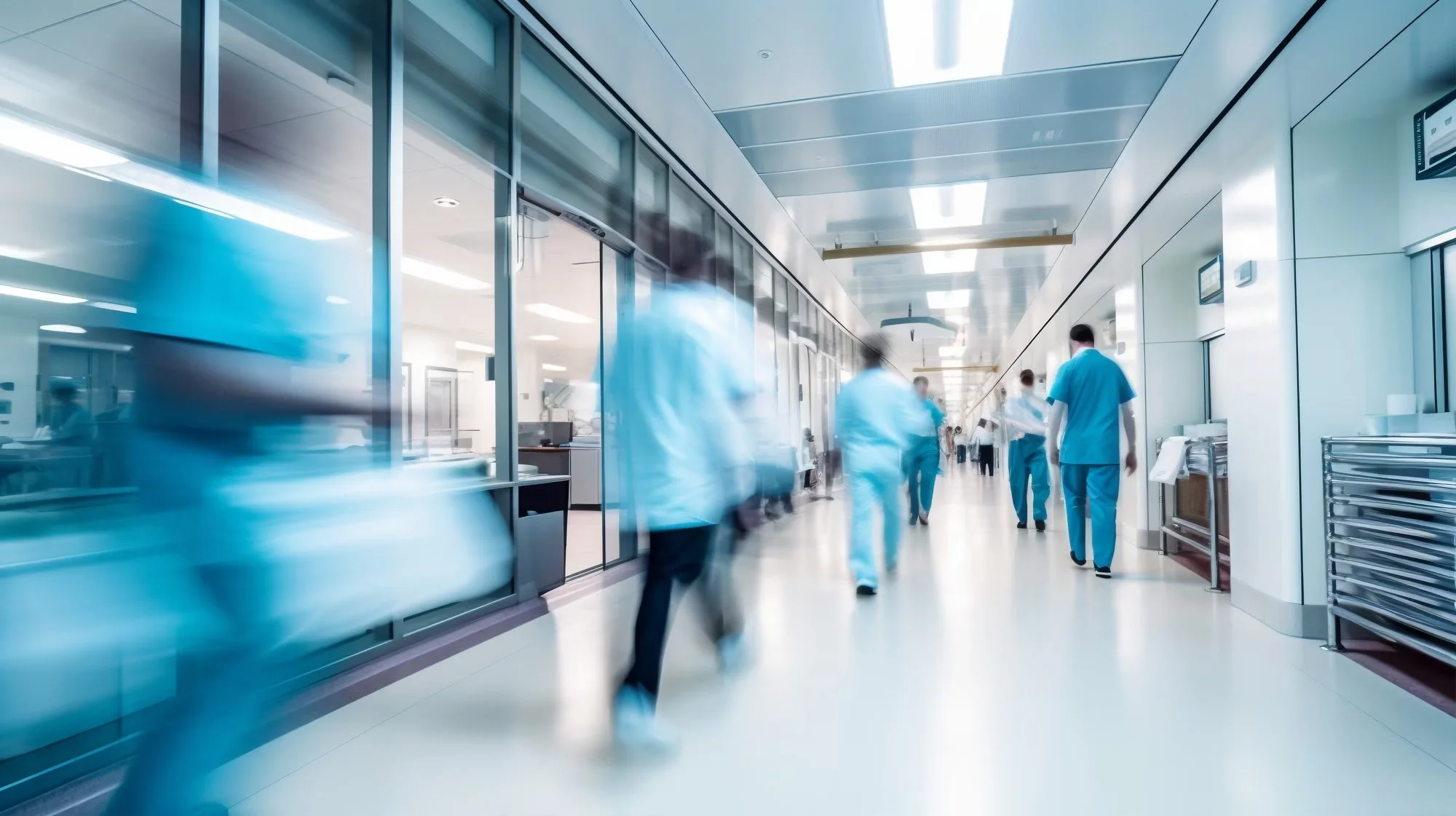Hospital corridor with medical staff walking and blurred motion, glass windows and doors on the left, and white walls and ceiling on the right.