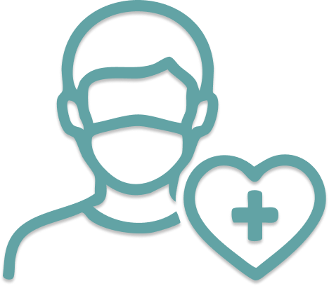 Icon of a person wearing a face mask with a heart and medical cross symbol.