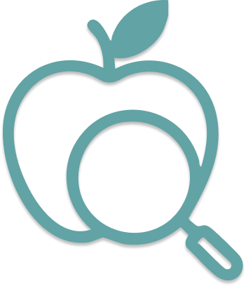 A stylized line drawing of an apple with a leaf, with a magnifying glass overlayed on the bottom right.