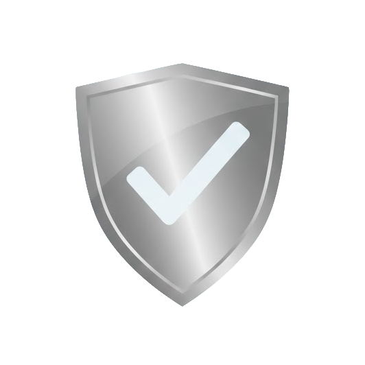 Silver shield with a white checkmark in the center