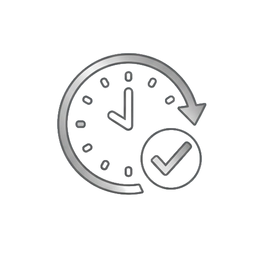 An illustration of a clock with an arrow forming a circular motion, and a checkmark inside a circle at the bottom right of the clock face.