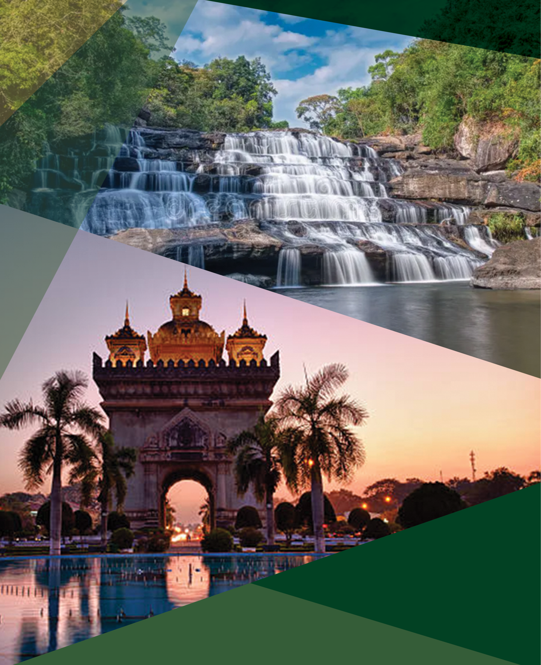 A collage featuring a waterfall in a lush green forest and a historic monument with palm trees at sunset.