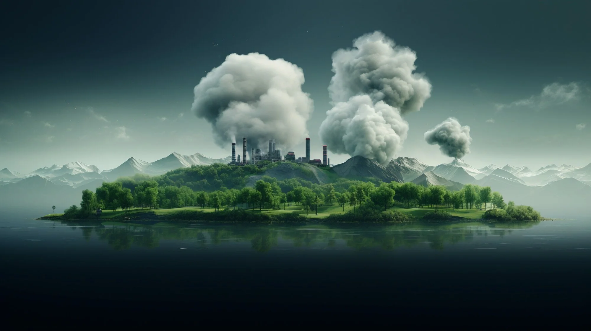 A small island with green trees and grass in front of a large industrial factory emitting thick smoke into the sky. Mountain range visible in the background.