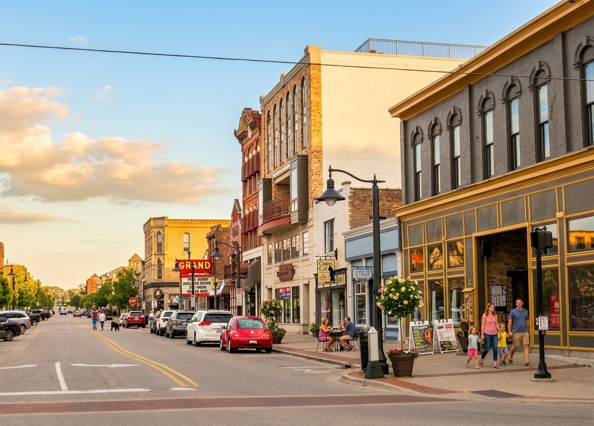 Downtown street with brick storefronts, illustrating downtown Grand Haven, MI