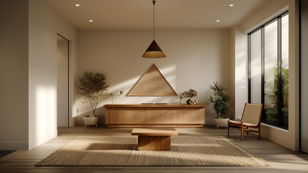 Sala de estar moderna con ventanas grandes, muebles de madera, plantas y decoración minimalista.