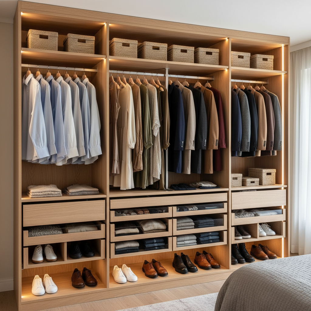 Vestidor con ropa organizada por colores, con zapatos y cajas almacenadas en estanterías de madera.