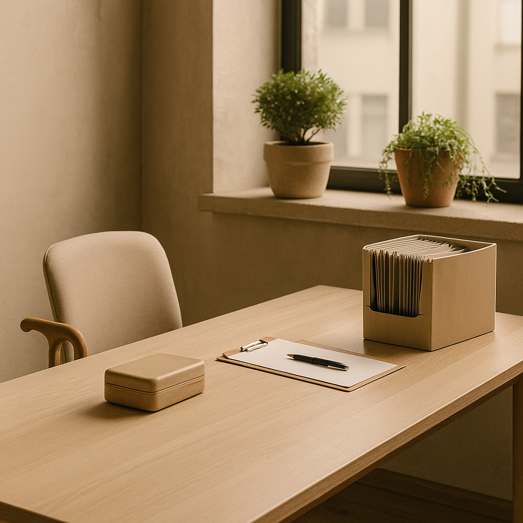 Escritorio con una silla, una carpeta, un bolígrafo, una caja, fichas en un organizador y plantas en la ventana.