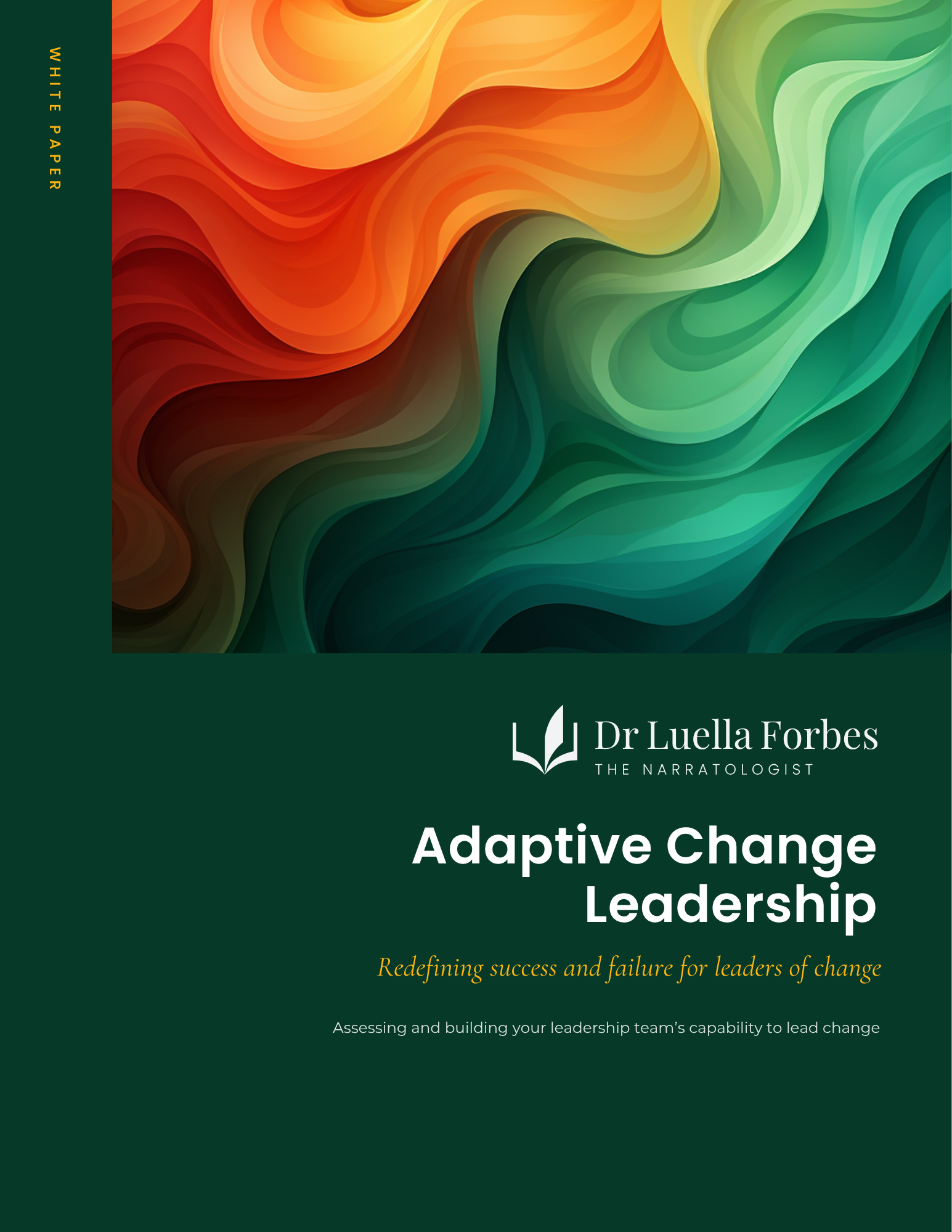 Cover of the Adaptive Change Leadership white paper by Dr Luella Forbes, showing an abstract swirl of warm colours blending into green.