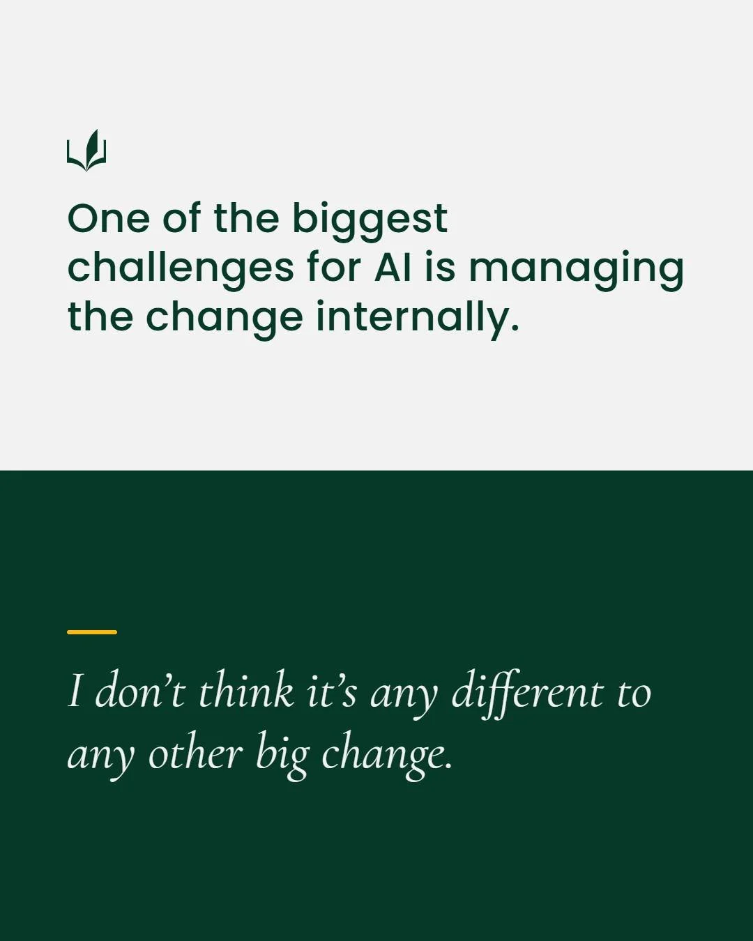 I keep seeing people talking about how one of the biggest challenges for AI is managing the change internally.

I don't disagree - but I also don't think it's any different to any other big change.  You need to be clear where you're going, bring peop