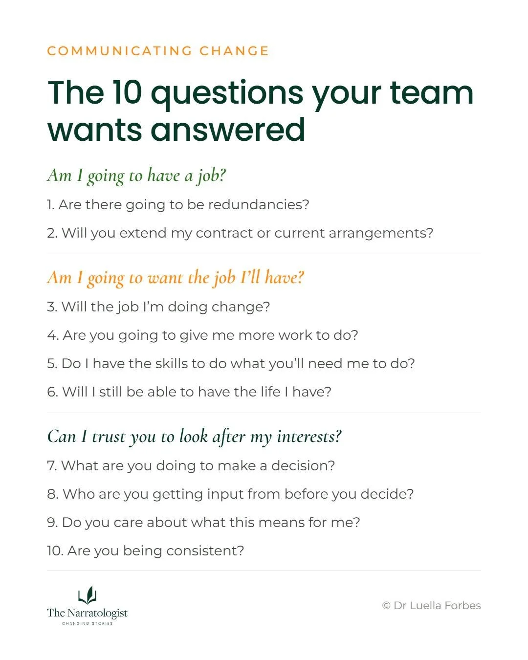 When I was doing my research on communication for change, the most interesting thing I found was the information that your team actually want to hear from you during a change. 

Really, there are three core themes:

Am I going to have a job?

Am I go