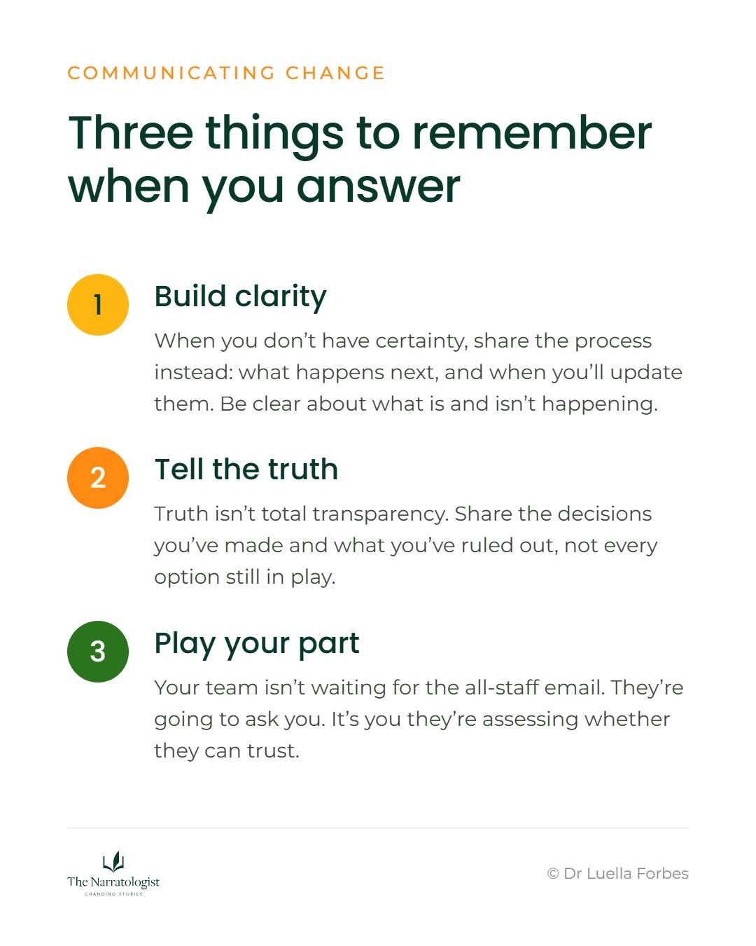 When you're answering questions about change, there are three things you need to remember:
1. Build clarity.
This doesn't mean knowing the answers to everything. It means sharing what you know now, what you don't know, and how you expect those decisi