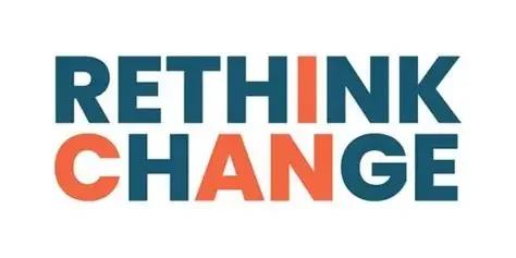 Text reading "RETHINK CHANGE" with the words in bold blue and orange letters.
