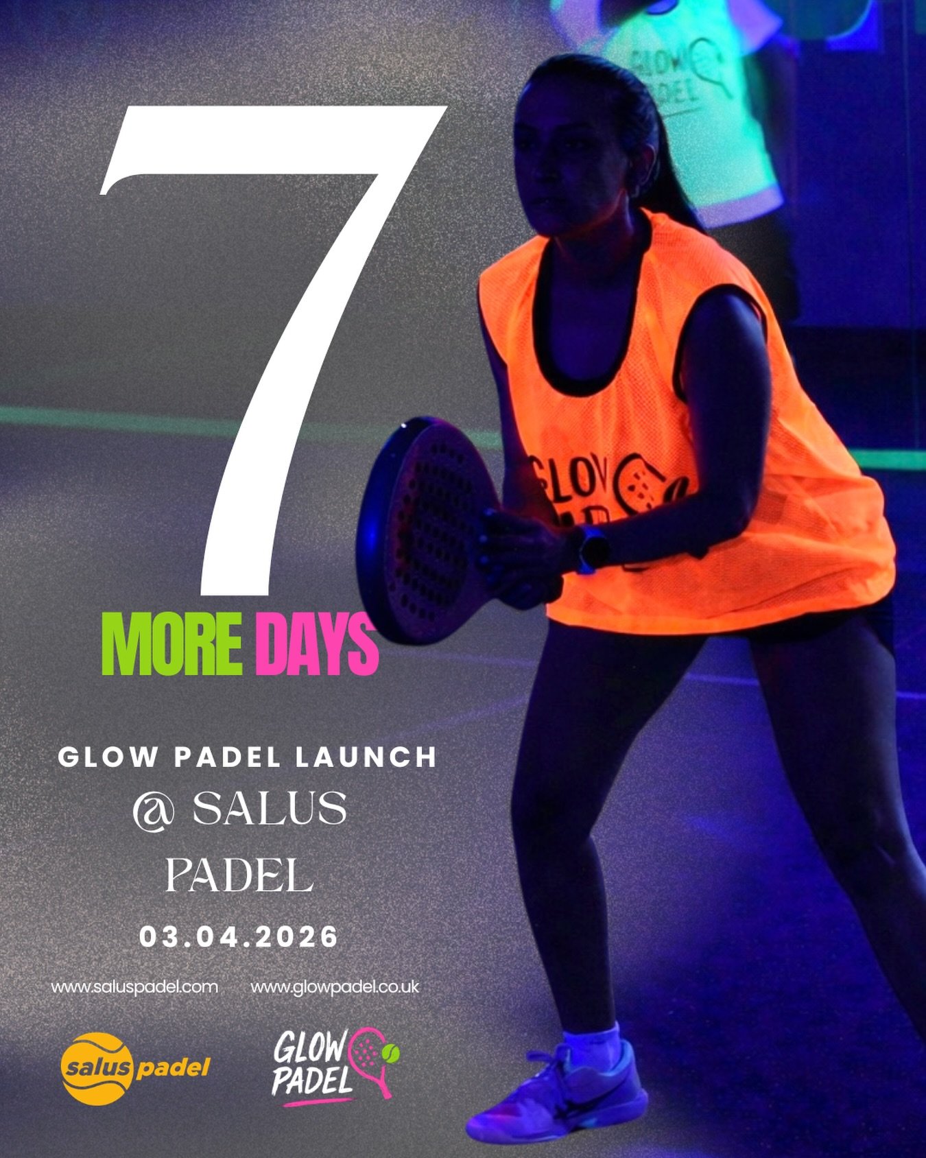 Only 1 week until the Glow Padel x @saluspadel launch event ⚡️

You DO NOT want to miss this one! Glow paint, UV lights, music and Padel, the perfect combination! 🎾

Make sure you book your ticket now through the link in our bio! 🔮

📆 3rd April | 