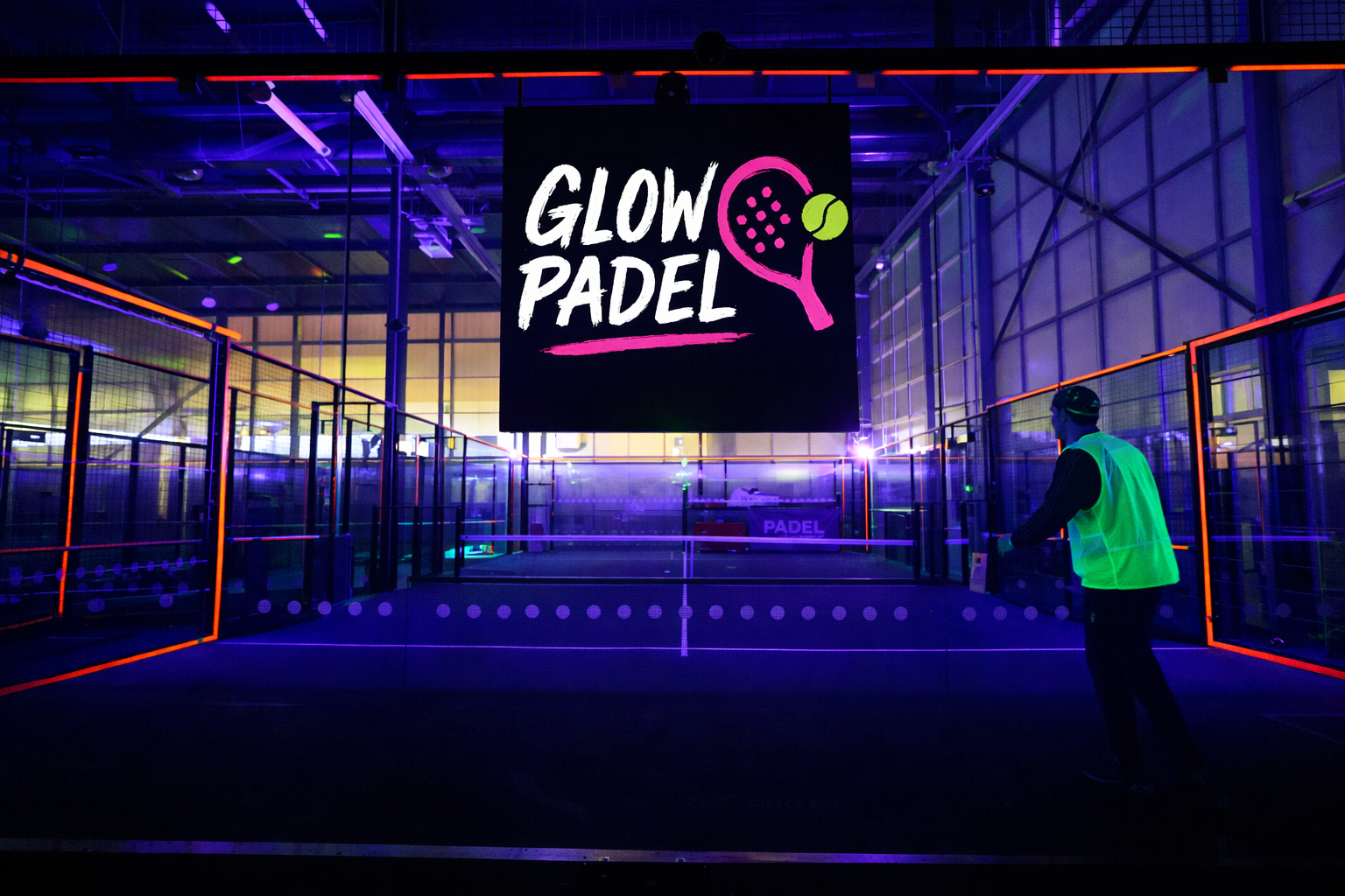 Indoor glow padel court with neon lighting and a large sign reading 'Glow Padel' with a paddle and ball graphic, and a person in a neon vest playing.
