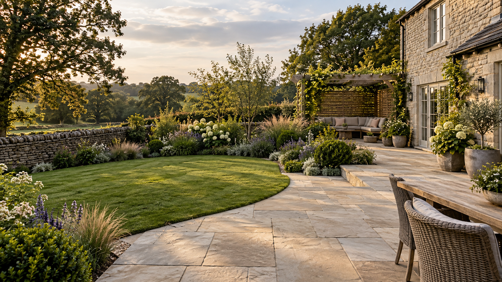 A beautiful backyard garden with a lush green lawn, flowering plants, and trees. There is a patio with outdoor seating and potted plants, a stone wall, and a scenic view of rolling hills and trees in the background during sunset.