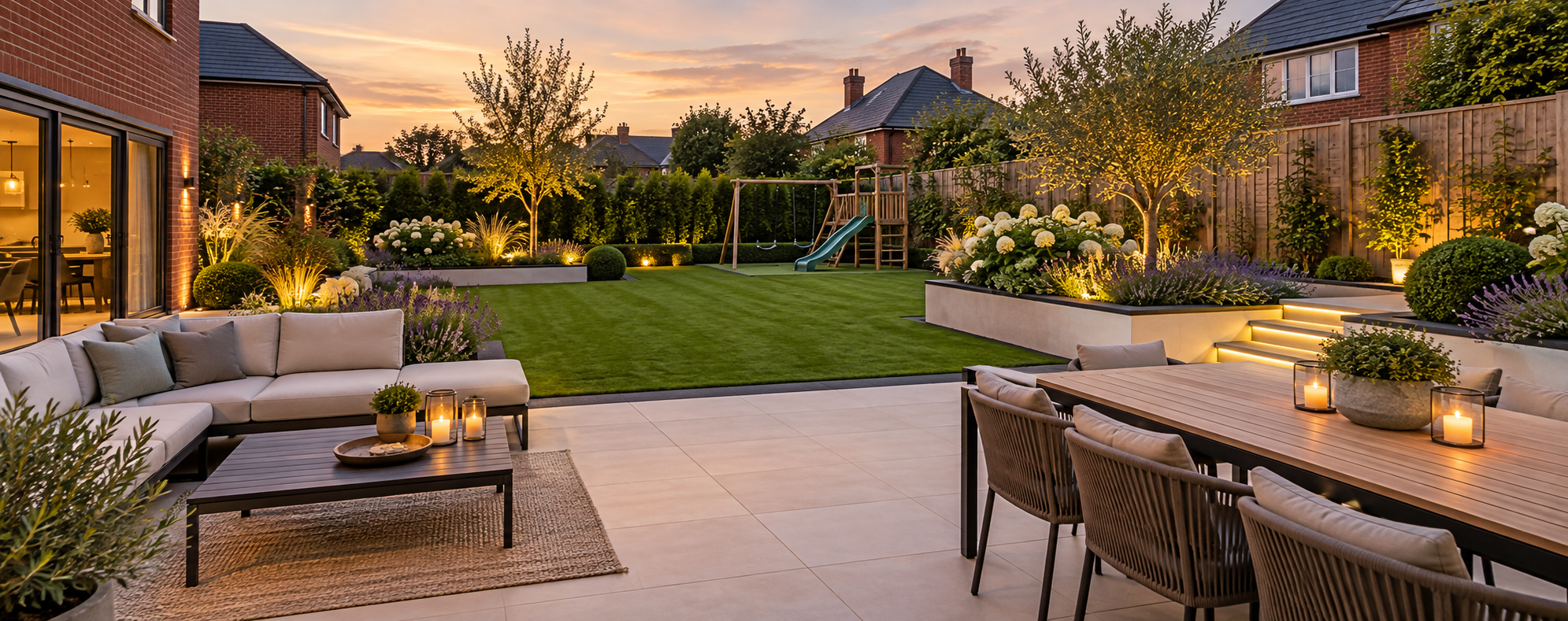 A beautifully lit backyard at sunset with a patio, outdoor furniture, a grassy area, a playset with a slide, and landscaped flower beds.