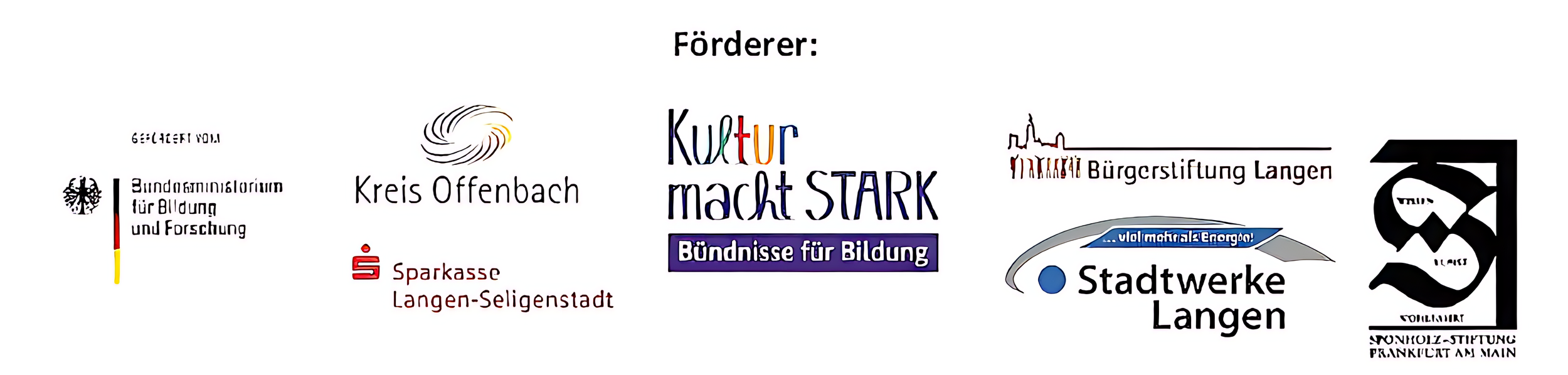 Sammelbild mit Logos mehrerer Organisationen und Institutionen, darunter Bundesministerium für Bildung und Forschung, Kreis Offenbach, Sparkasse Langen-Seligenstadt, Kulturmacht Stark, Bürgerstiftung Langen, Stadtwerke Langen, Monopol Frankfurt am Main.