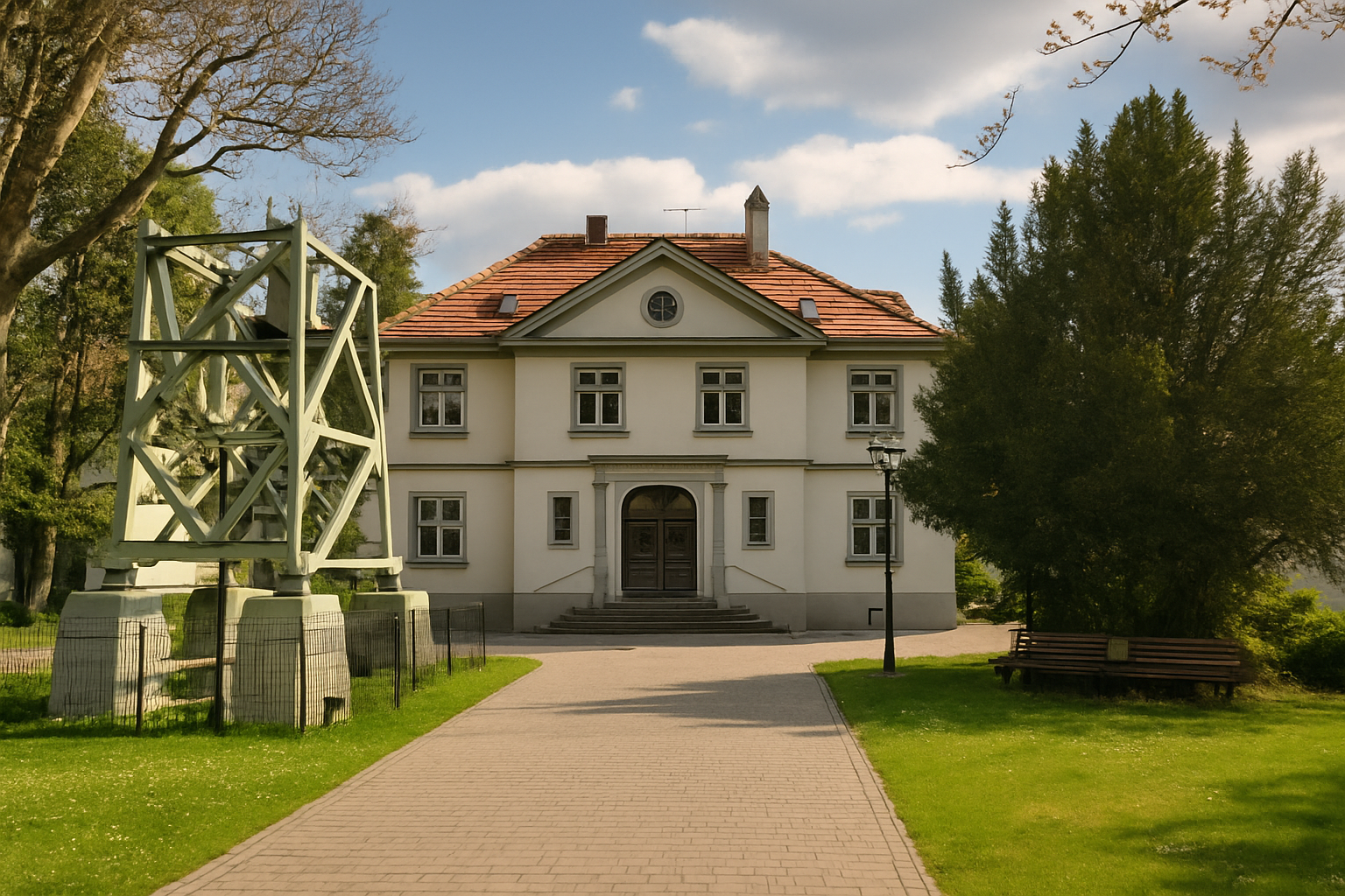Ein weißes mehrstöckiges Gebäude mit rotem Ziegeldach, umgeben von Bäumen, mit einem Gehweg davor. Im Vordergrund links steht eine Skulptur auf mehreren Steinstufen, rechts eine Bushaltestelle. Der Himmel ist teils bewölkt.