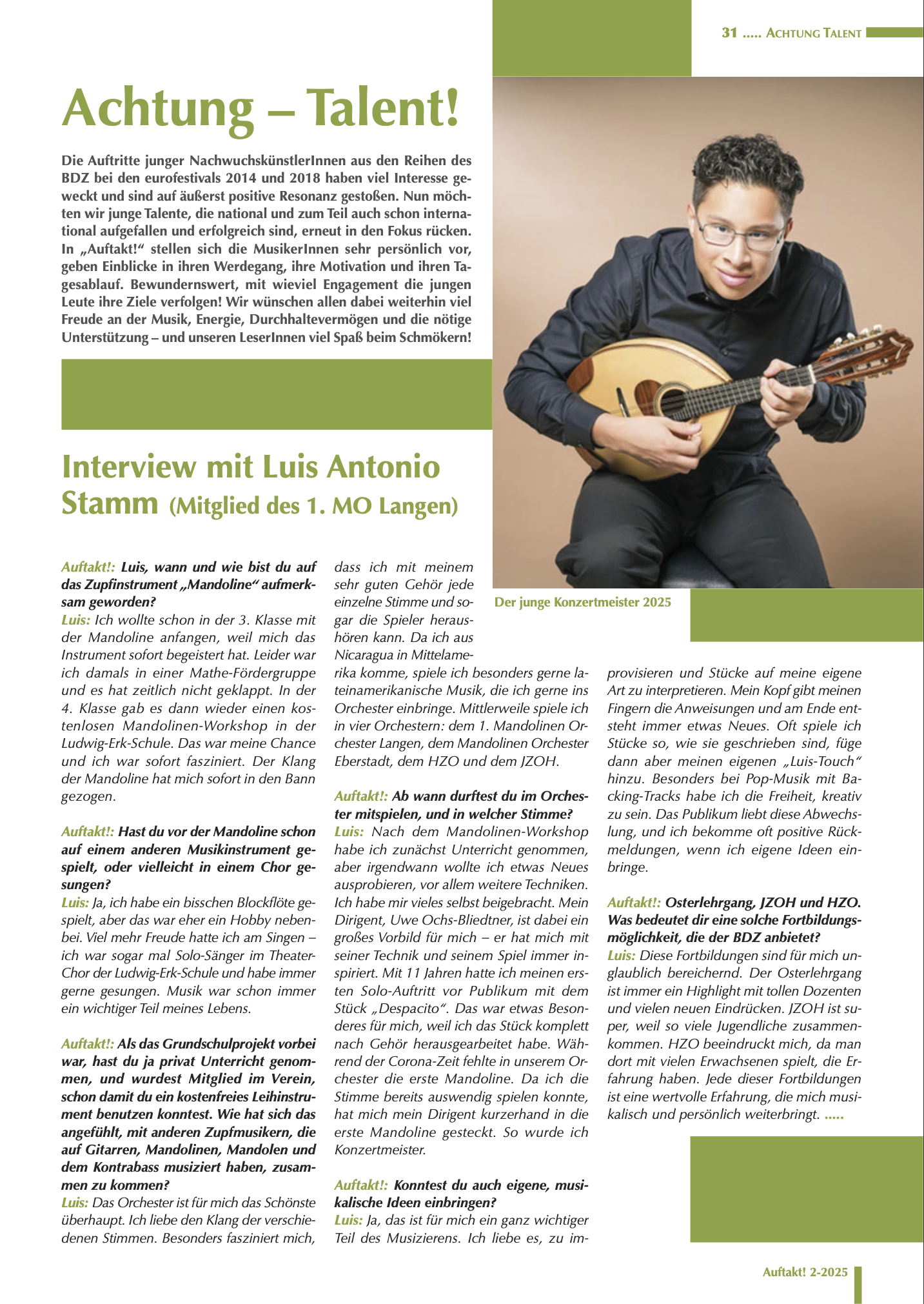 Diese Aufnahme ist Teil eines Artikels mit dem Titel 'Achtung - Talent!' und einem Interview mit Luis Antonio Stamm, einem jungen Musiker, vorgestellt mit einem Bild auf der rechten Seite der Seite, die auch eine grüne Überschrift und Text enthält.