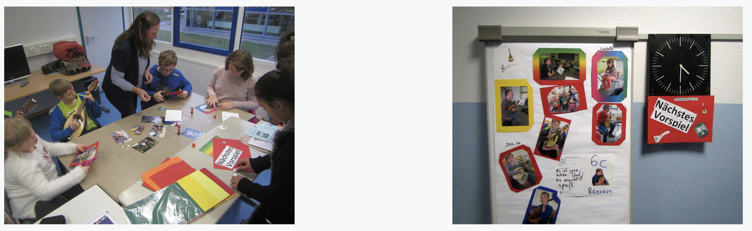 Gruppen von Kindern sitzen an einem Tisch, basteln und spielen Gitarre, in einem Klassenraum. Auf einem Whiteboard sind Fotos von Kindern, die Gitarre spielen, sowie Bilder mit roten und gelben Rahmen, und ein Schild mit der Aufschrift "Nächstes Vorspiel".