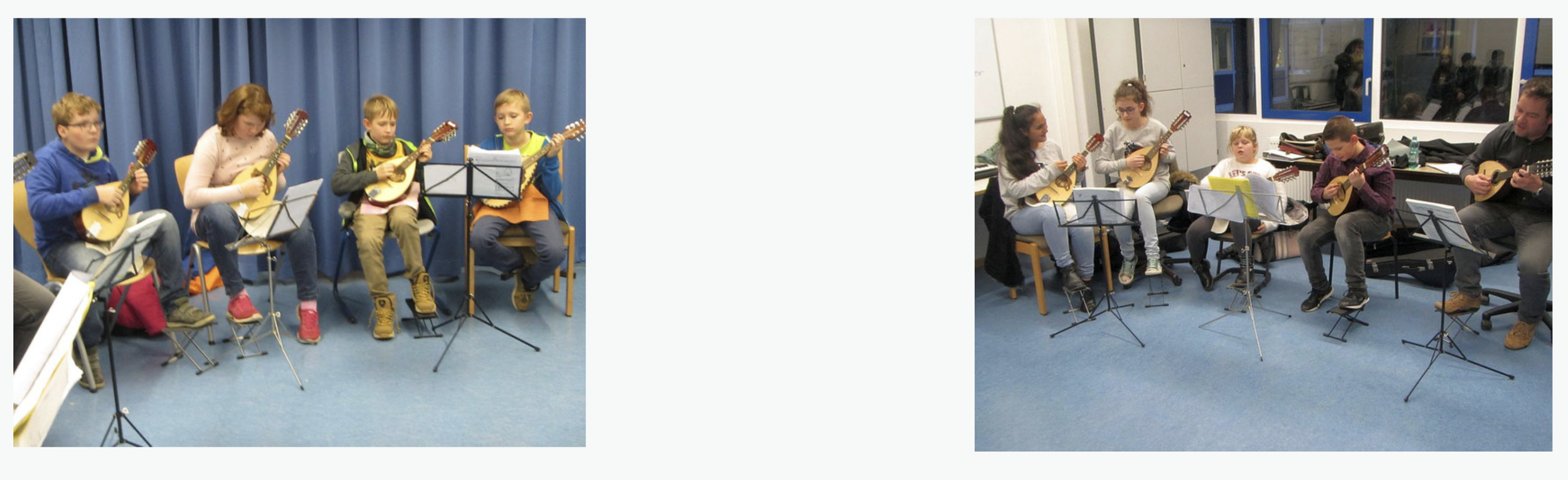 Gruppen von Kindern und Erwachsenen üben gemeinsam Gitarre in einem Musikraum.