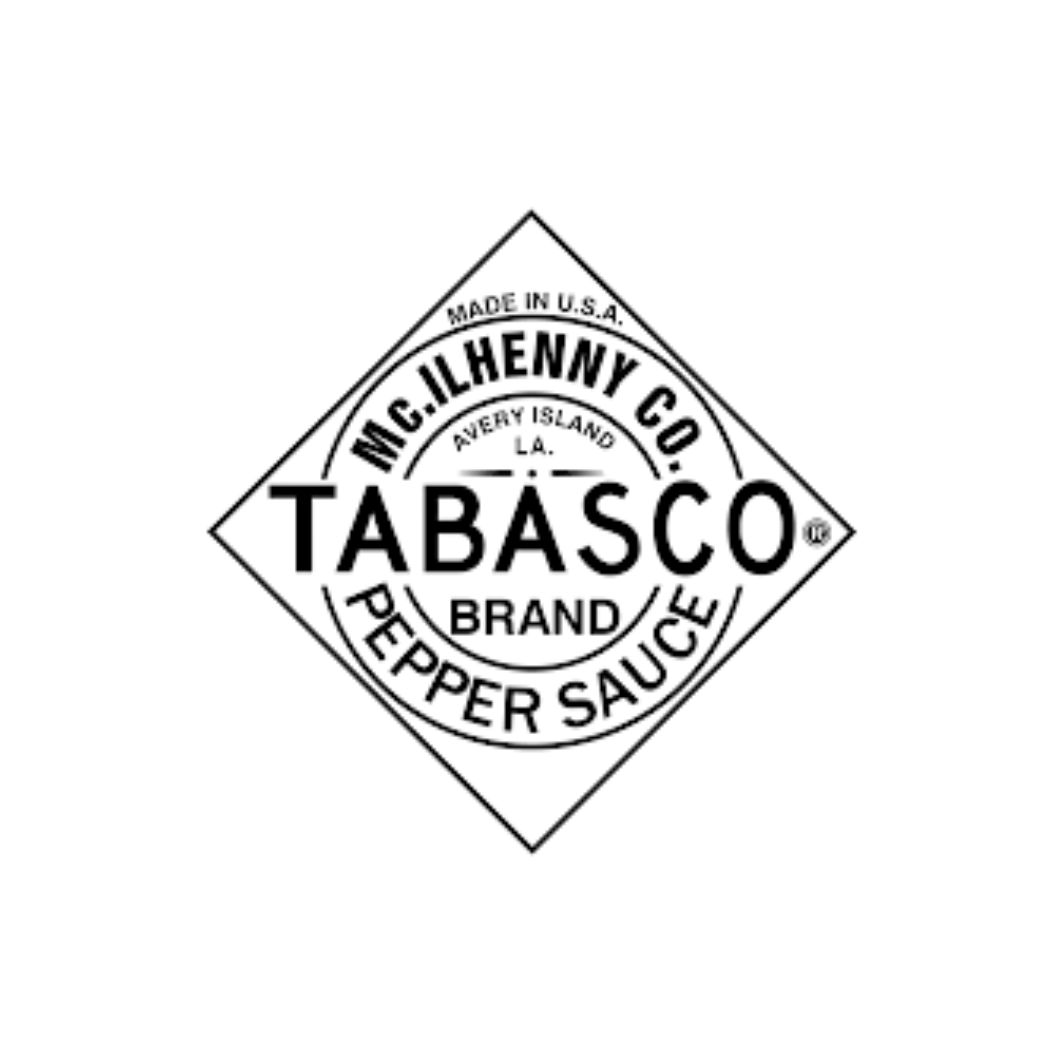 Black and white logo for Tabasco brand pepper sauce, featuring a diamond shape with text including 'Mc. Ilhenny Co.', 'Tabasco', and 'Pepper Sauce', with information about its origin on Avery Island, Louisiana.