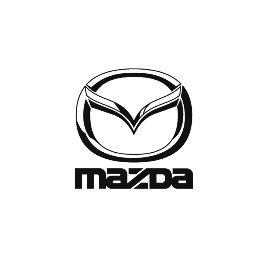 Black and white Mazda logo featuring a stylized 'M' inside a circle with the word 'Mazda' below.