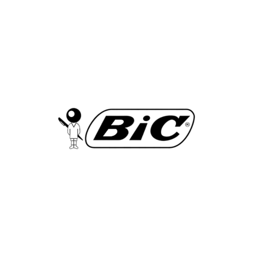 BIC logo with a cartoon character holding a pen.