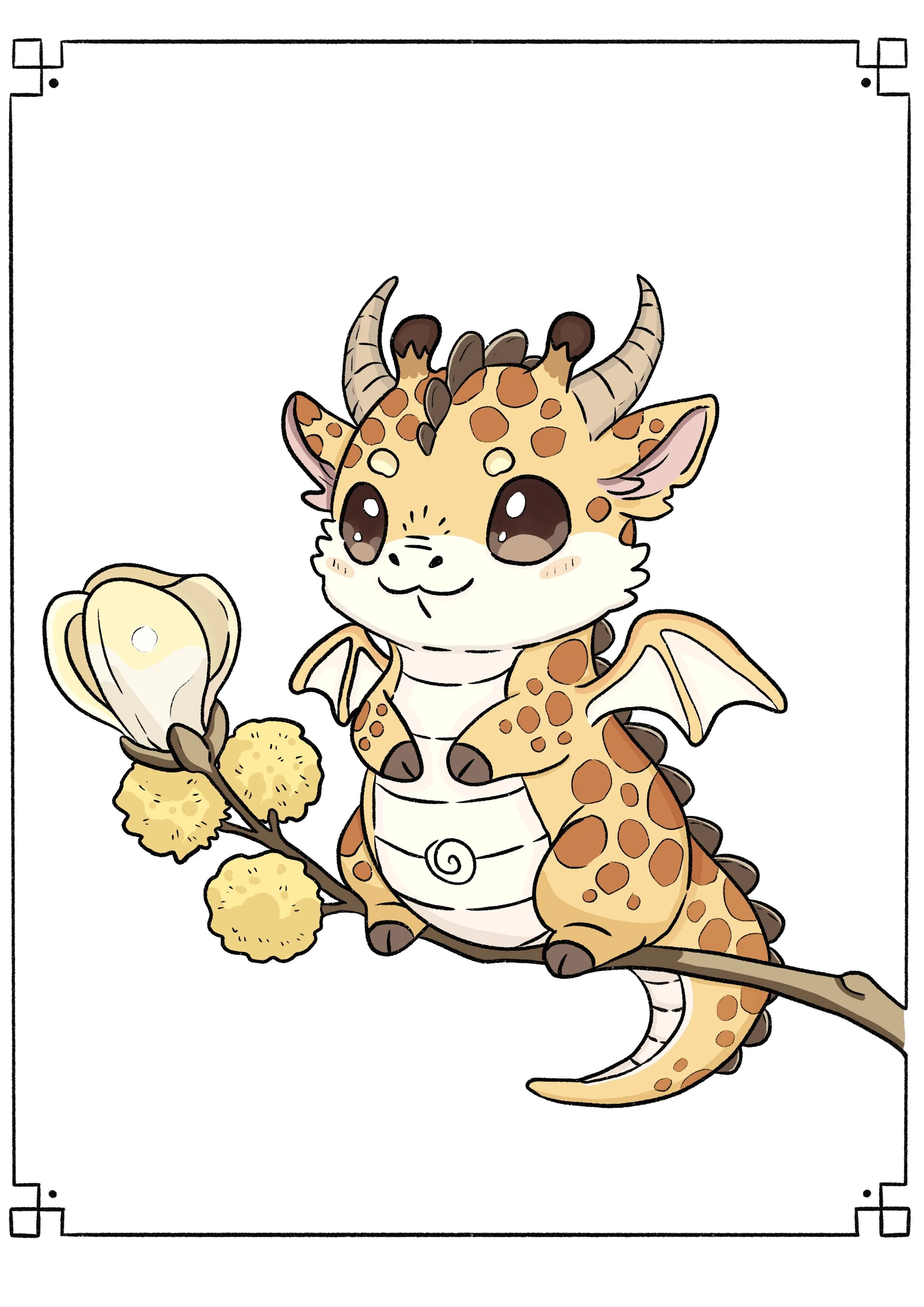 A cute cartoon giraffe dragon sitting on a branch with yellow flowers, featuring small wings, and a friendly expression.