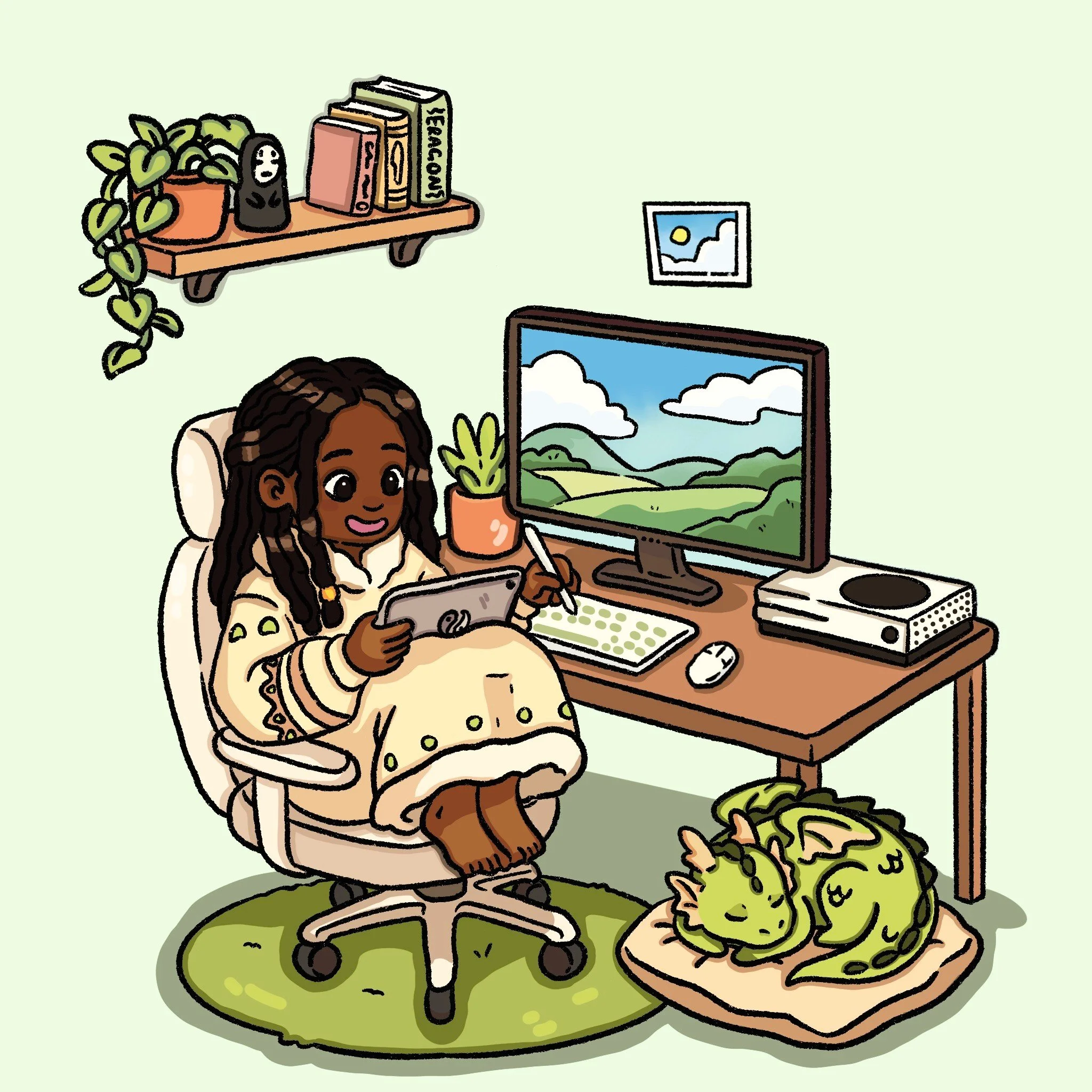 A girl with braided hair sitting in a beige chair in front of a computer, using a stylus on a digital drawing tablet. She is in a room with a green wall, a small framed landscape picture, a shelf with books, a plant, and a mysterious figurine. A green dragon rests on a cushion on the floor near the desk.