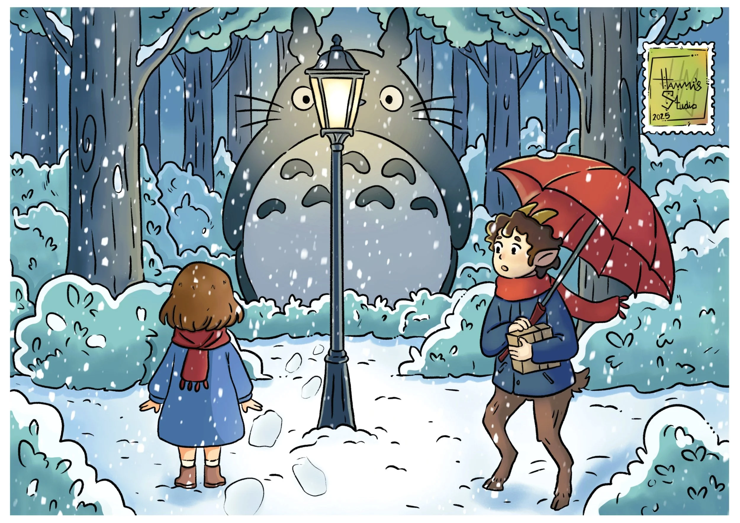 A snowy forest scene with a large Totoro figure from My Neighbor Totoro in the background. Two characters, Lucy and Mr. Tumnus stand by the glowing lamppost in snowy Narnia, staring at huge footprints leading into the forest.