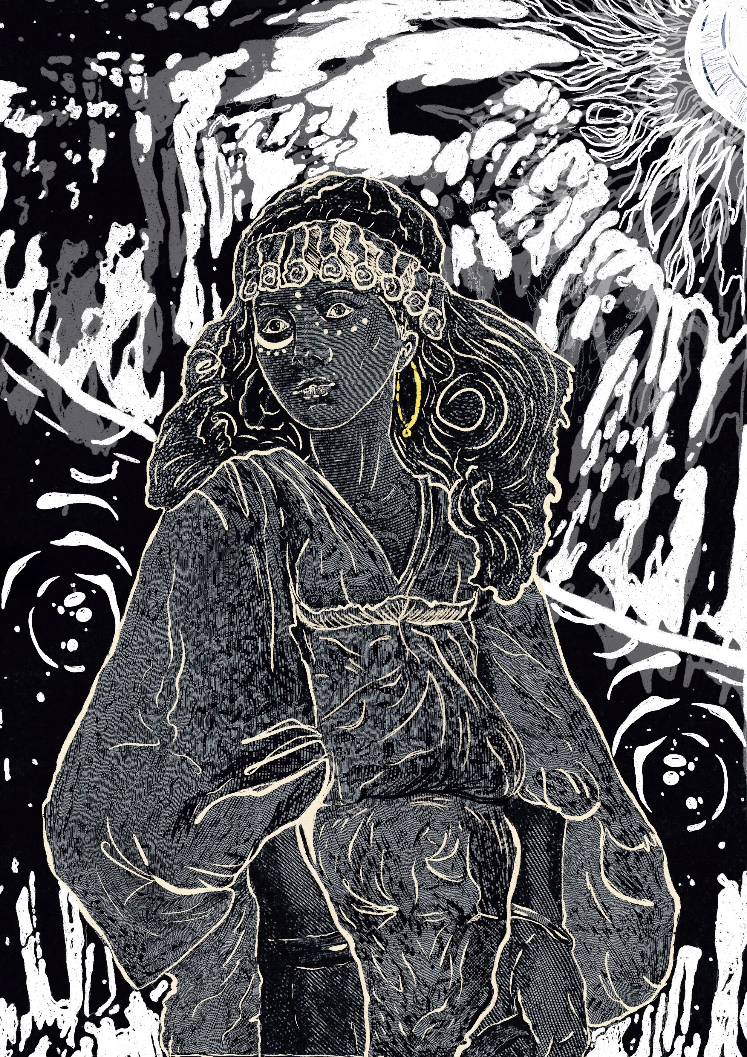 An illustration of a woman with long, wavy hair wearing a headband, earrings, and a draped garment, surrounded by abstract swirling patterns in black, white, and yellow accents.